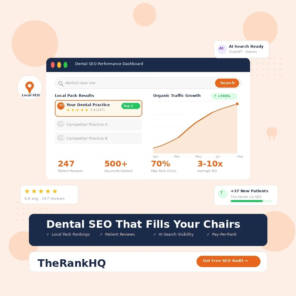 Dental SEO dashboard showing local pack rankings, traffic growth, and patient review metrics