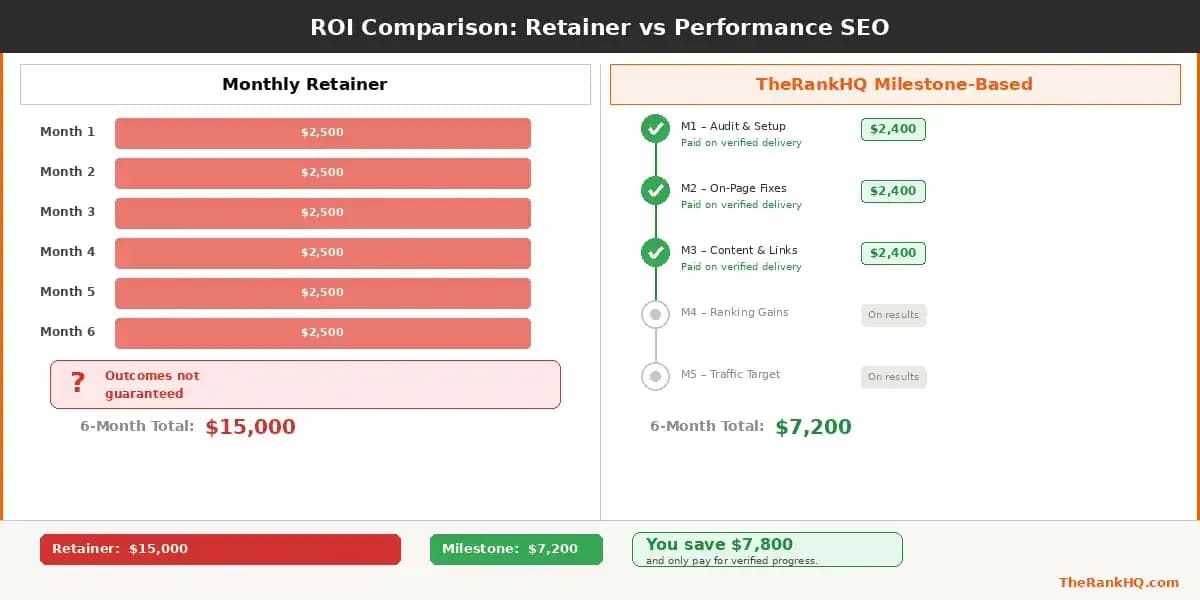 ROI comparison of performance-based SEO vs retainer SEO pricing over 6 months