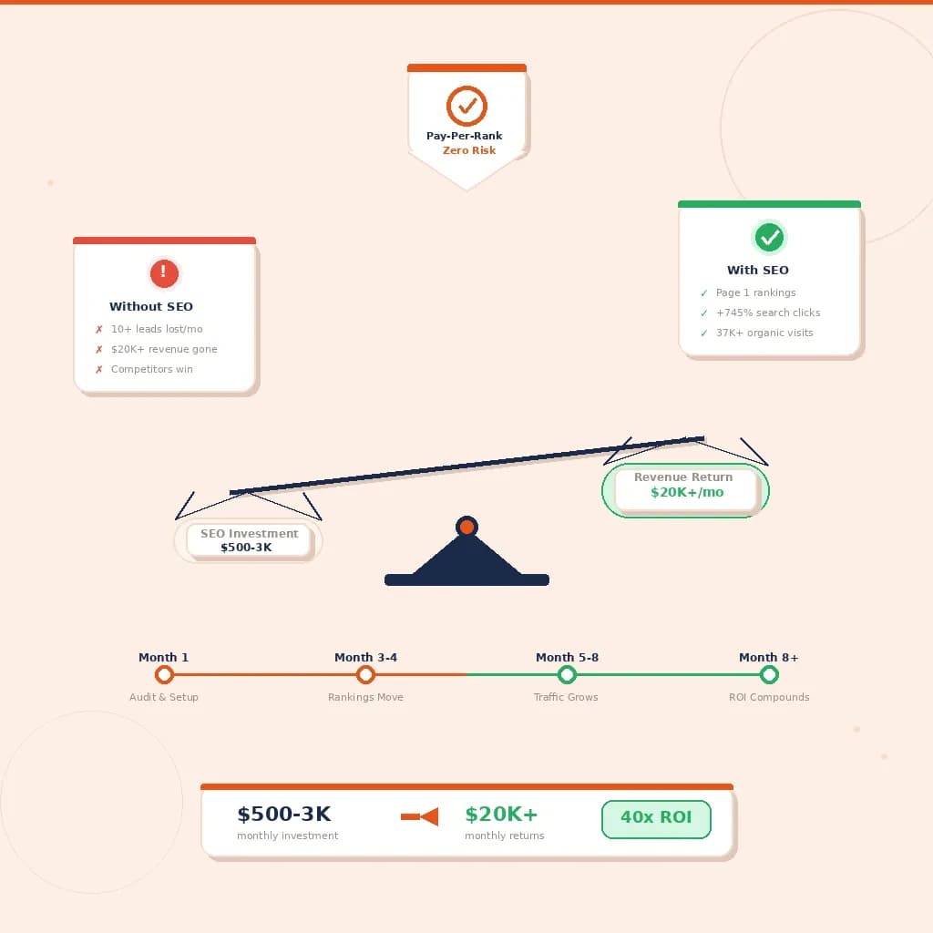 Wix SEO investment vs return showing Pay-Per-Rank model and 40x ROI